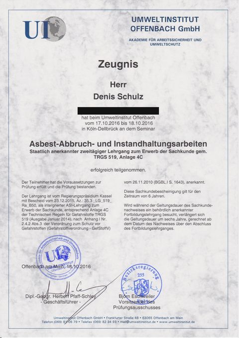 Vorschau: Asbest-Sachkunde nach TRGS 519, Anlage 4C, Seite 1