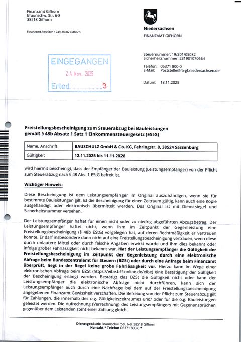 Vorschau: Freistellungsbescheinigung § 48b EStG, Seite 1